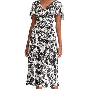 Lauren Ralph Lauren matte jersey faux wrap floral midi dress 14 NWT